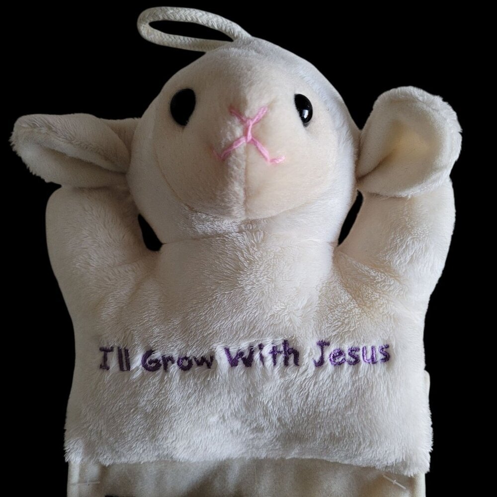 FIESTA Plush Lamb Growth Chart "I'll Grow With Jesus" Embroidery Cream & Purple - Picture 2 of 10